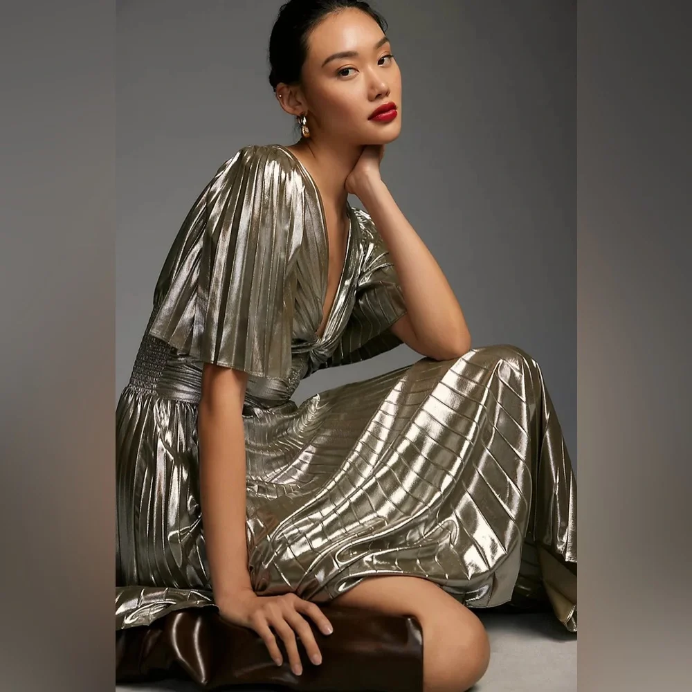 Anthropologie Short-Sleeve Metallic Cutout Midi Dress Holiday Party Pleated 1X - Picture 2 of 8